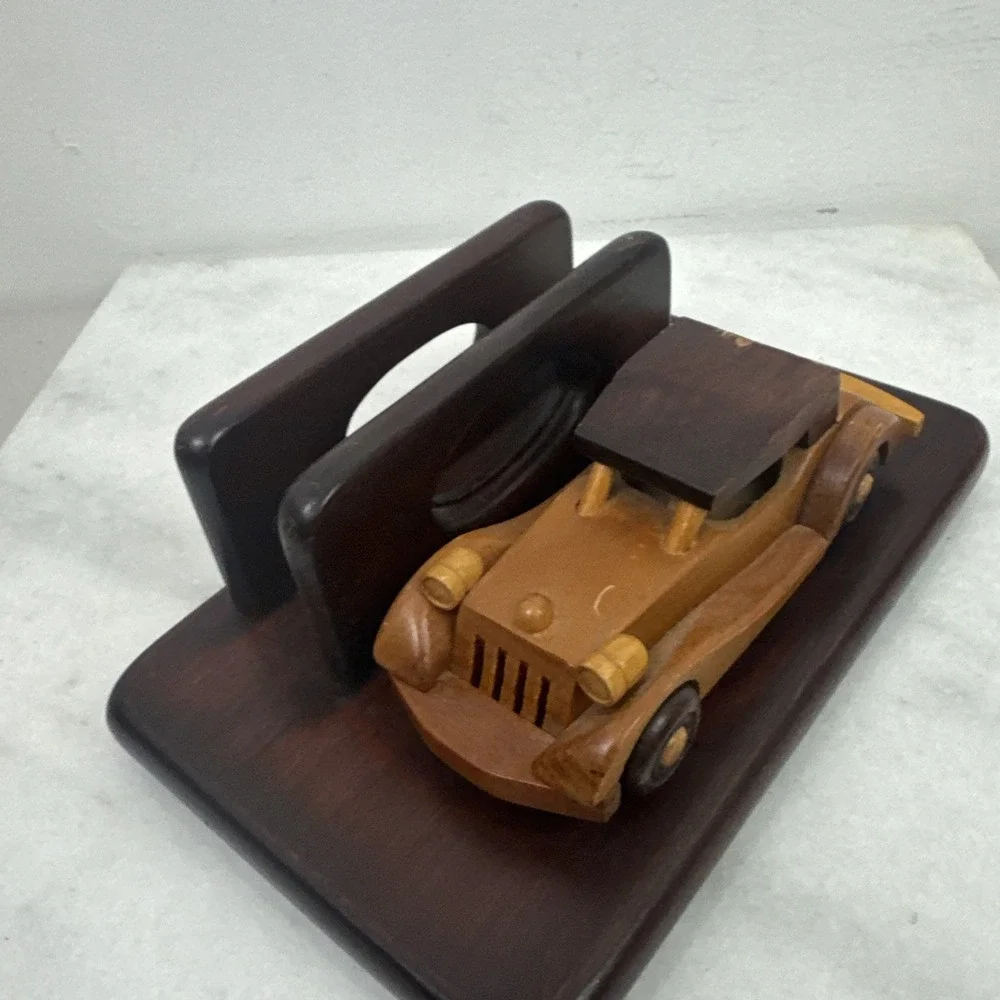VTG Mens Valet Wood Desk Organizer Letter Holder w/Attached Wooden Antique Car